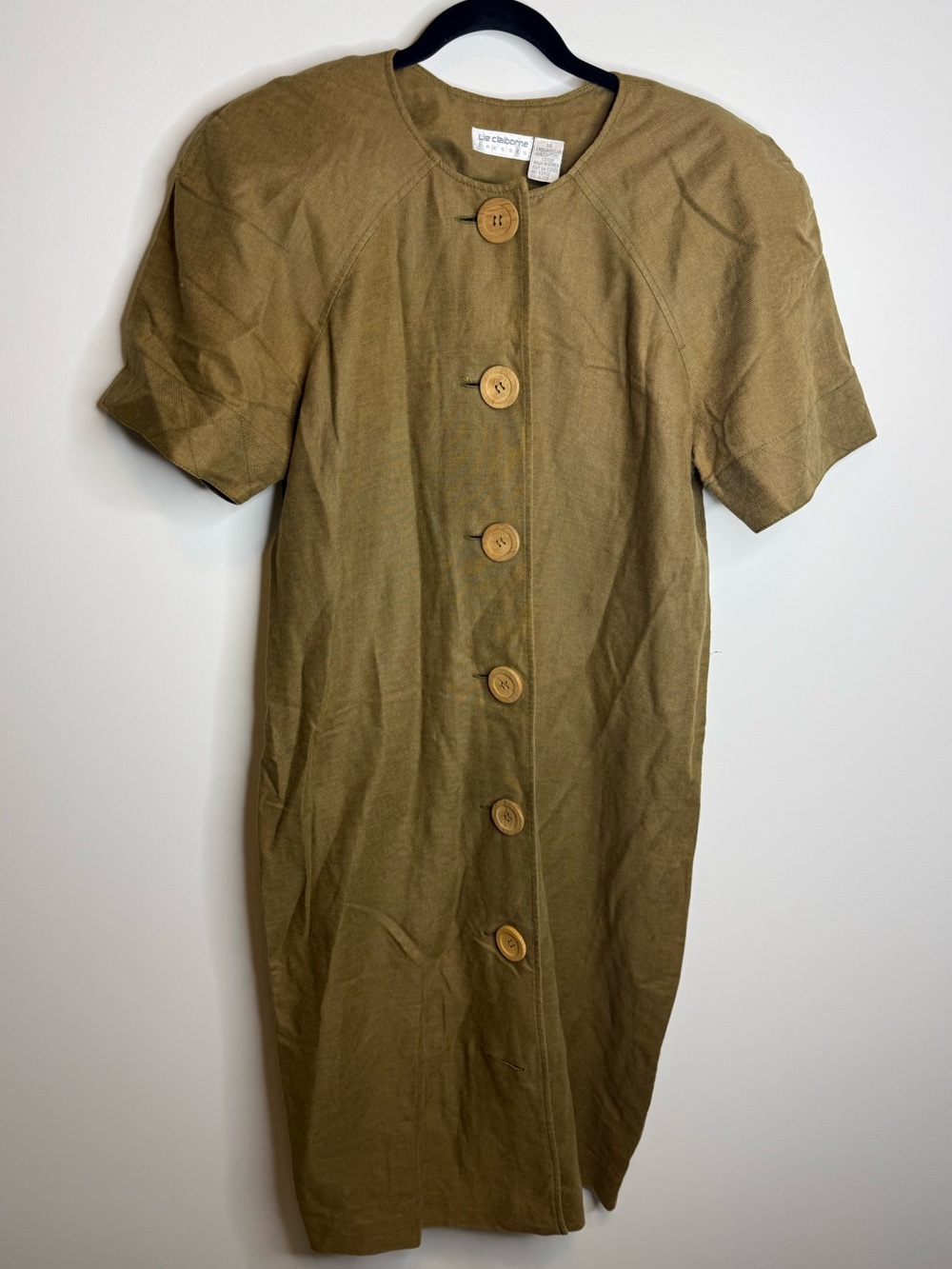 Liz Claiborne Olive Button-Down Short Sleeve Midi Dress linen cotton vintage 14